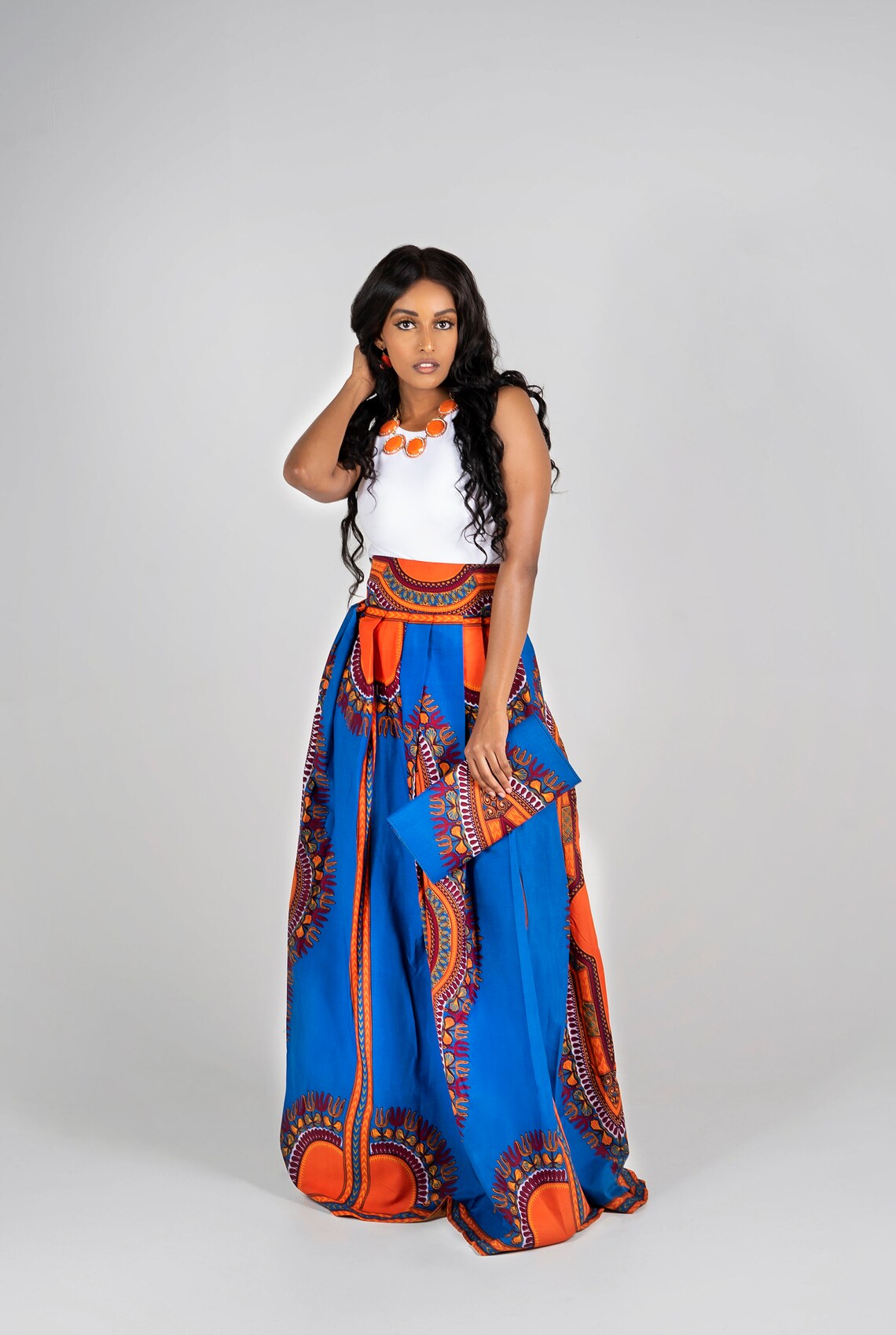 Irapada African Print Dashiki Maxi Skirt Blue/Orange | Etsy