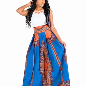 Irapada Africain Imprimer Dashiki Maxi Jupe Bleu/Orange, Africain Imprimer Dashiki Maxi Jupe, Jupe Ankara, Jupe Longue, Jupe Dashiki image 1