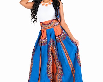 Irapada African Print Dashiki Maxi Skirt Blue Orange, Ankara Maxi Skirt for Women, African Long Skirt with Pockets