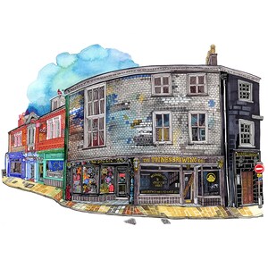 Puede incluir: Pintura acuarela de una fila de edificios coloridos con escaparates. El edificio de la derecha tiene un letrero que dice "The Totnes Brewing Co."