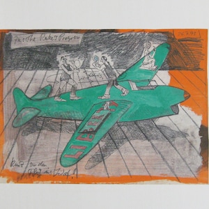 May include: A green airplane with the word "LIBERTY" written on the side. Four people are standing on the plane, and one person is sitting on the tail. The image is a drawing with a black, orange, and gray background. The text "The Rake's Progress" is written at the top of the image.