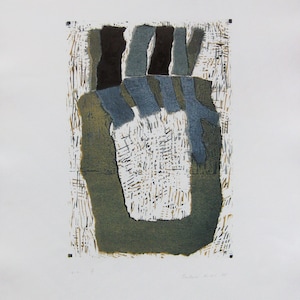 May include: Abstract art print with a green, blue, and brown design. The print has a textured look and is framed by a white border.