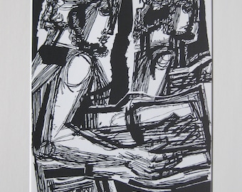 Hans Orlowski - "Two Lyre Players" - Original Woodcut - 1960