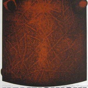 May include: A black and white poster with the text "KALINOWSKI" in large, bold letters. The poster also includes the text "KESTNER-GESELLSCHAFT HANNOVER" and "Warmbüchenstraße 16 27.6. 31.8.1969 Dienstag Samstag 10-18 Uhr, Sonntag und Montag geschlossen."