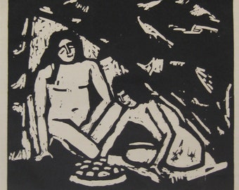 Georg Tappert -  "Two women bathing" - Original Woodcut - 1912