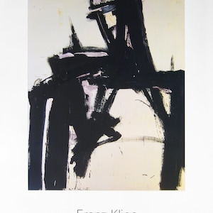 Könnte beinhalten: Abstrakte Schwarz-Weiß-Malerei von Franz Kline. Das Kunstwerk zeigt kühne, gestische Pinselstriche in schwarzer Farbe vor einem weißen Hintergrund. Der Text "Franz Kline" und "Collection of American Masters" befindet sich unten.