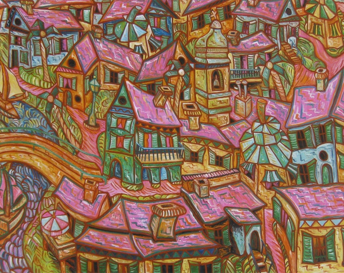 Franz Graw - "The Pink Roofs" - Large Hand Signed Colour Offset Lithograph - 2001