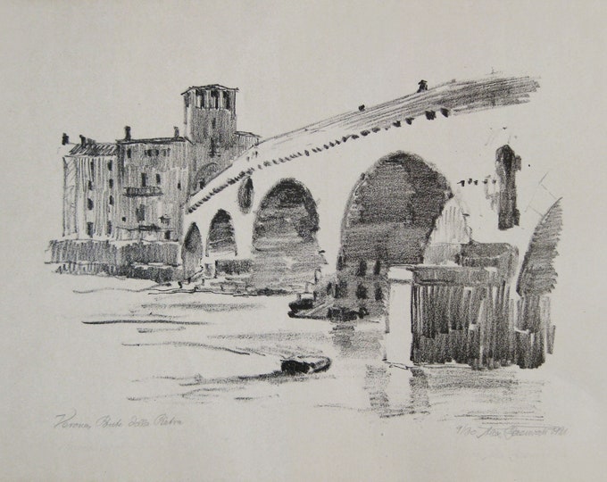 Alexander Baerwald - "Verona, Ponte della Pietra" - Hand signed Lithograph - 1922 (S/N - 9/30)