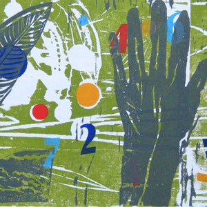 Ruth Tessmar  - &quot;Hand and Feather&quot; - Hand signed Color Woodcut