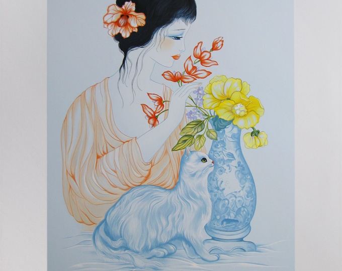 Mara Tran Long  - "Jeune fille au chat et au vase bleu" - Handsigned Lithograph