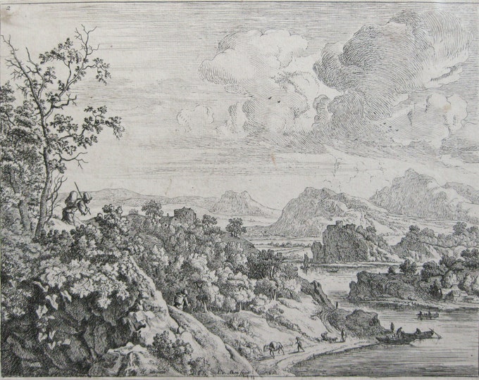 Jan van Aken - "River Landscape with traveler with backpack " - Etching - 1640 - 1670 - Museum Piece!