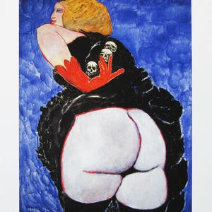May include: A painting of a woman in a black dress with red gloves. The woman is facing away from the viewer and has her back to the camera. The background is a blue and white abstract design. The woman has blonde hair and is wearing a black dress with red gloves. The painting is in a style that is reminiscent of the work of Egon Schiele.