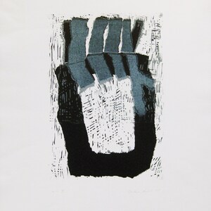 May include: Abstract art print featuring a bold composition of black, gray, and blue shapes on a white background. The artwork has a textured, blocky appearance, with a mix of solid and hatched areas. The print is signed in the lower right corner.