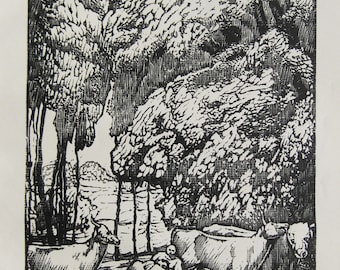Walter Teutsch - "Sheep Herder" - Original Woodcut - 1919