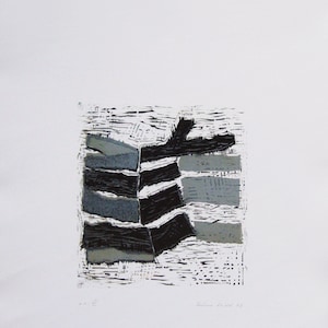May include: Abstract print with a square composition of layered shapes in black and gray. The artwork features a textured, woodcut-style aesthetic, with visible lines and patterns. The print is on white paper, with the artist's signature and date in the lower right corner.
