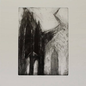 May include: A black and white etching print of a cathedral or church. The artwork depicts the building's facade with arched doorways and tall spires. The style is abstract, with visible brushstrokes and a textured appearance.