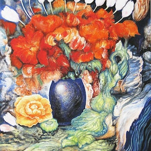 May include: A painting of a bouquet of red flowers in a blue vase. The flowers are surrounded by white tulips and green leaves. The background is a dark blue and green.