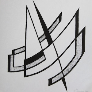 Puede incluir: Impresión de arte geométrico abstracto en blanco y negro con una firma en la esquina inferior derecha. La impresión presenta una serie de líneas y formas superpuestas.