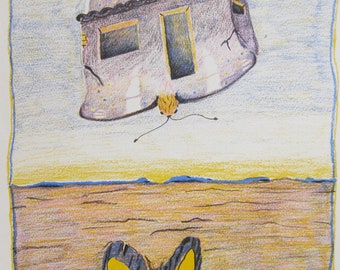 May include: A hand-drawn illustration of a house shaped like a butterfly flying in the sky above a yellow butterfly shape on the ground. The house is gray with a blue door and windows. The butterfly wings are purple and pink with white spots. The sky is blue and the ground is brown.