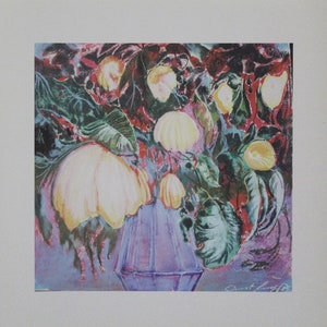 May include: A watercolor painting of a still life featuring yellow flowers in a blue vase. The flowers are surrounded by green leaves and the background is a mix of pink, purple, and red.