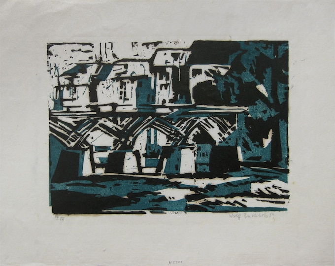 Wolff Buchholz - "River Bridge" - Handsigned Linocut, 1959 (S/N - IV/VI)