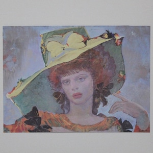 May include: A painting of a woman wearing a large, colorful hat with flowers and butterflies. The woman has red hair and is looking at the viewer. The background is a soft blue.