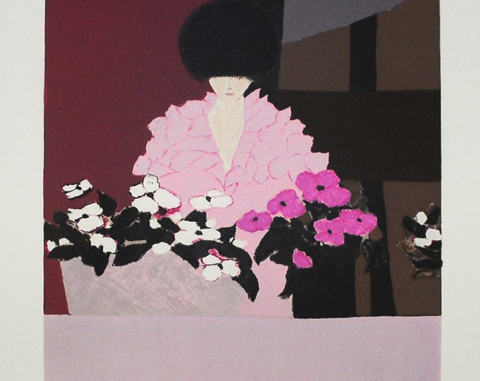 André Vigud  - "Femme avec fleurs" - Hand signed Lithograph on Arches