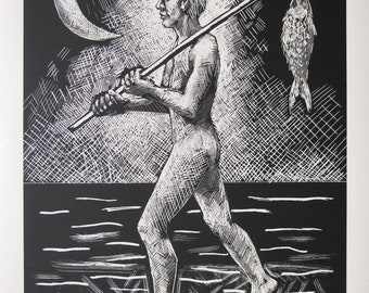 Robert Llimos -  "The successful Catch" - Handsigned Linocut, 1985