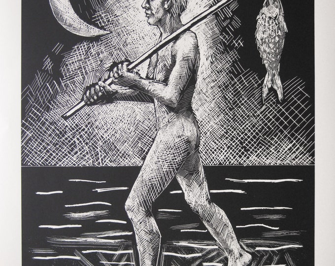 Robert Llimos -  "The successful Catch" - Handsigned Linocut, 1985