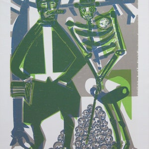 May include: A green and blue woodcut print of a man in a suit standing next to a skeleton holding a staff. The skeleton is standing on a pile of skulls. The text "Der Wucherer" is at the bottom of the print.