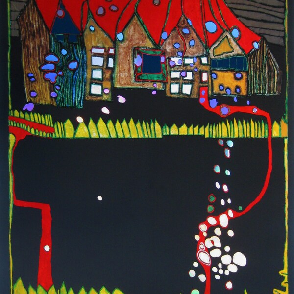 Friedensreich Hundertwasser - "Houses in the snow in the silver rain with a red path" - Colour Offset Lithograph