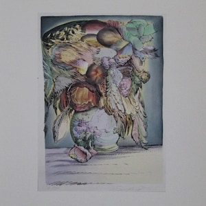 May include: A colorful still life painting of a vase filled with flowers. The vase is decorated with a floral pattern and the flowers are a mix of pink, red, yellow, and green.