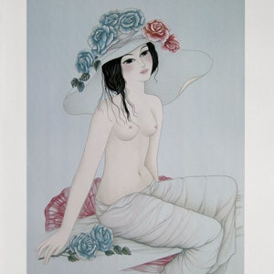 Mara Tran Long  - &quot;Nu Aux Roses Bleues&quot; - Handsigned Lithograph
