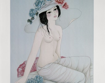Mara Tran Long  - "Nu Aux Roses Bleues" - Handsigned Lithograph