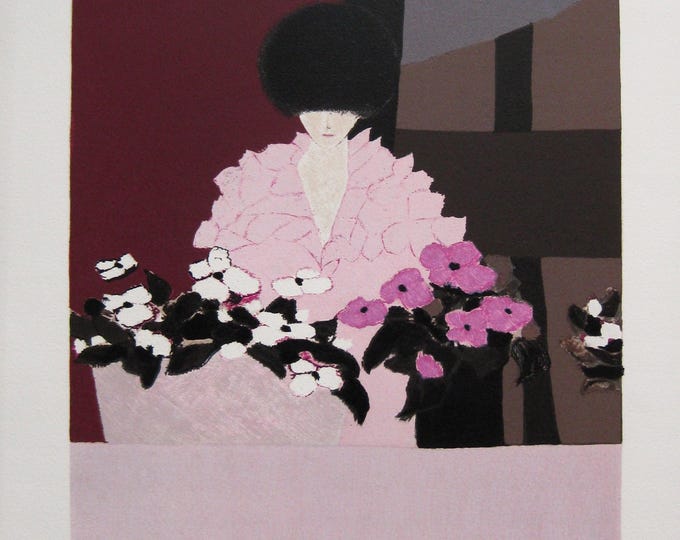 André Vigud  - "Femme avec fleurs" - Hand signed Lithograph on Arches