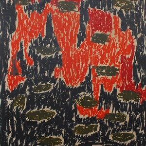May include: A poster advertising an art exhibition for Günther Förg. The poster features an abstract painting in red, black, and green. The text on the poster reads "Günther Förg" and "Erker-Galerie St. Gallen". The dates of the exhibition are listed as "8. Oktober 1994 - 31. Januar 1995".