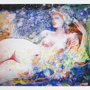 May include: Abstract painting of a nude woman reclining on a blue and green background. The woman's body is painted in shades of white, pink, and red, with a hint of yellow. The background is a swirling mix of blue, green, and white.