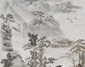 Ink Wash Painting on Silk - "Sailing ships in mountain area" - China