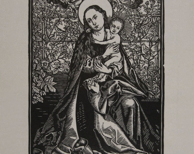 Henri Bacher - "Madonna of the Rosegarden" - Woodcut - Stamp signed - ca. 1930