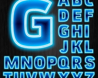 26 Blue Neon Lamp Alphabet, Pen drawn font, Colorful letters,Geometric Letters,Hand drawn Alphabet,Digital Font,PNG Alphabet,painted font