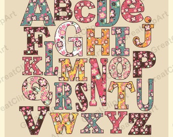 26 Floral Alphabet, Painted Letters, Hand drawn alphabet, Floral Alphabet, Digital Fonts, PNG Alphabet, Alphabet ClipArt,Ornate letters clip