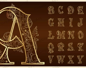 26 Gold Ornate Alphabet, Gold Letters, Gold Numbers, Gold Symbols,Floral Alphabet,Digital Fonts,PNG Alphabet,Alphabet ClipArt,Ornate letters