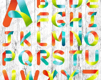 26 Rainbow Ribbons Alphabet, Pen drawn font, Colorful letters,Geometric Letters, Hand drawn Alphabet,Digital Font,PNG Alphabet,painted font