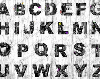 26 Steampunk Drawn Alphabet,Pen drawn font,Colorful letters,Geometric Letters,Hand drawn Alphabet,Digital Font,PNG Alphabet,painted font