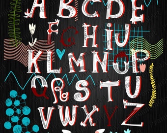 43 Vintage retro Alphabet, Pen drawn font, Colorful letters,Geometric Letters, Hand drawn Alphabet,Digital Font,PNG Alphabet,painted font