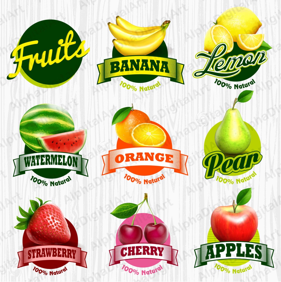 9 Fruits Labels clipart silver labelsVintage labels retro Etsy