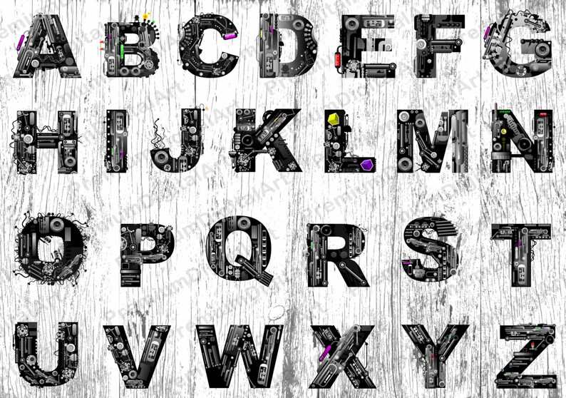 26 Steampunk Drawn Alphabet,Pen drawn font,Colorful letters,Geometric Letters,Hand drawn Alphabet,Digital Font,PNG Alphabet,painted font