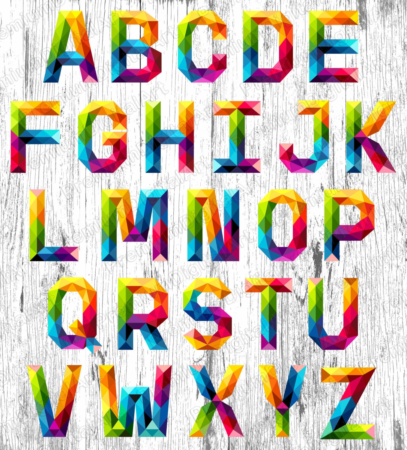 Pen drawn font Colorful letters,Geometric Letters 26 Green Leaf