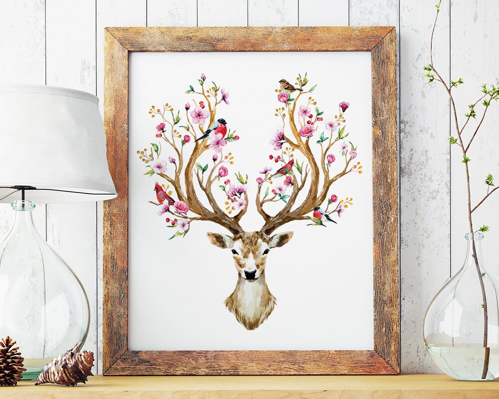 Deer antler Floral deer head Deer print Floral print Deer Etsy