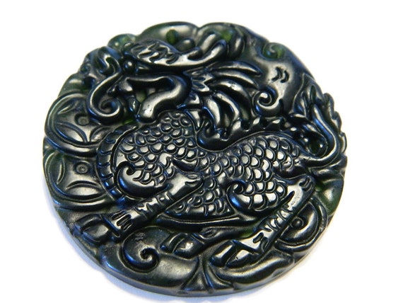 Kirin Beautiful Natural Chinese Dark Jade Pendant Black Green Hand Carved Amulet